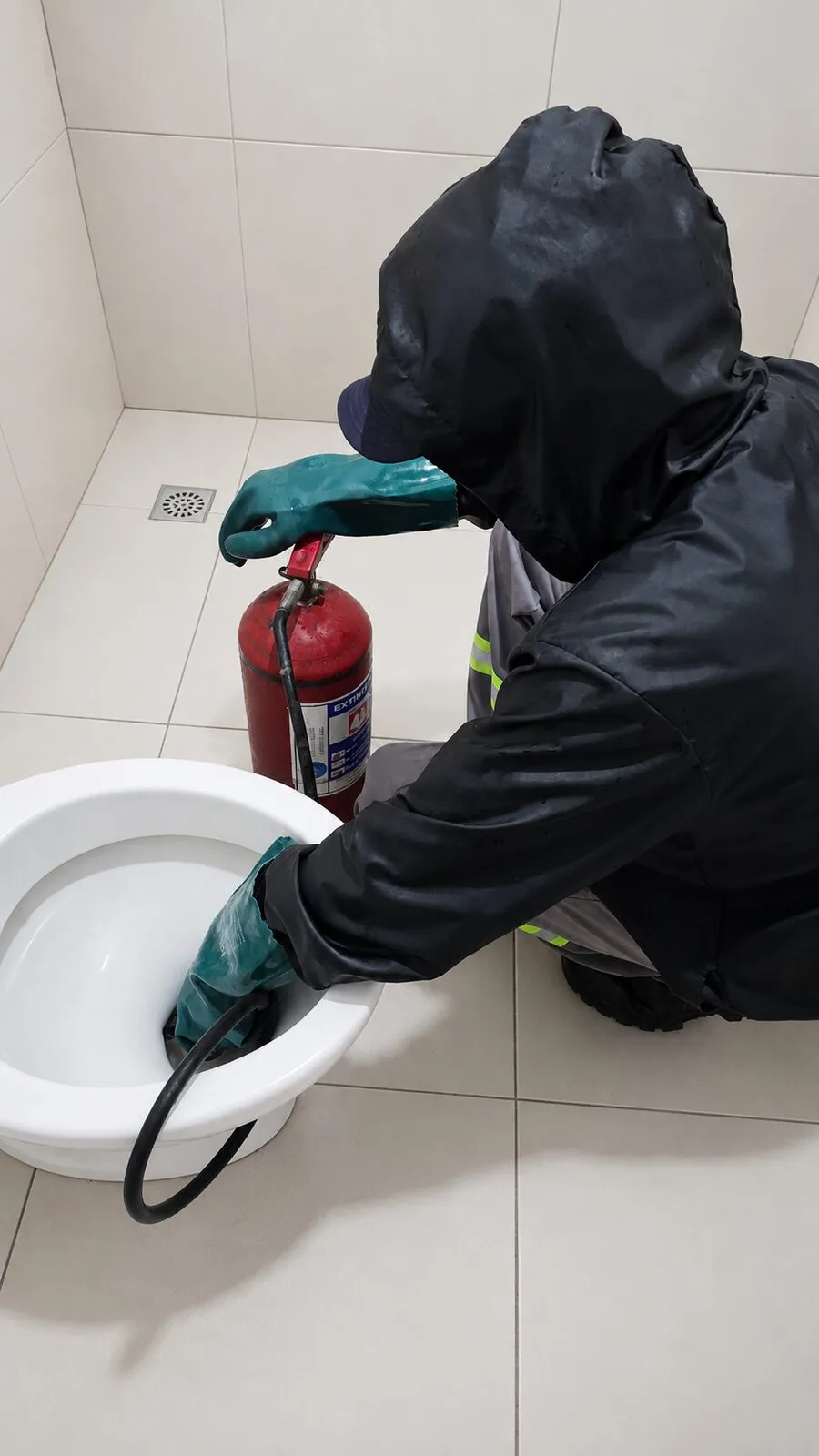 Técnico da Trinitá desobstruindo um vaso sanitário